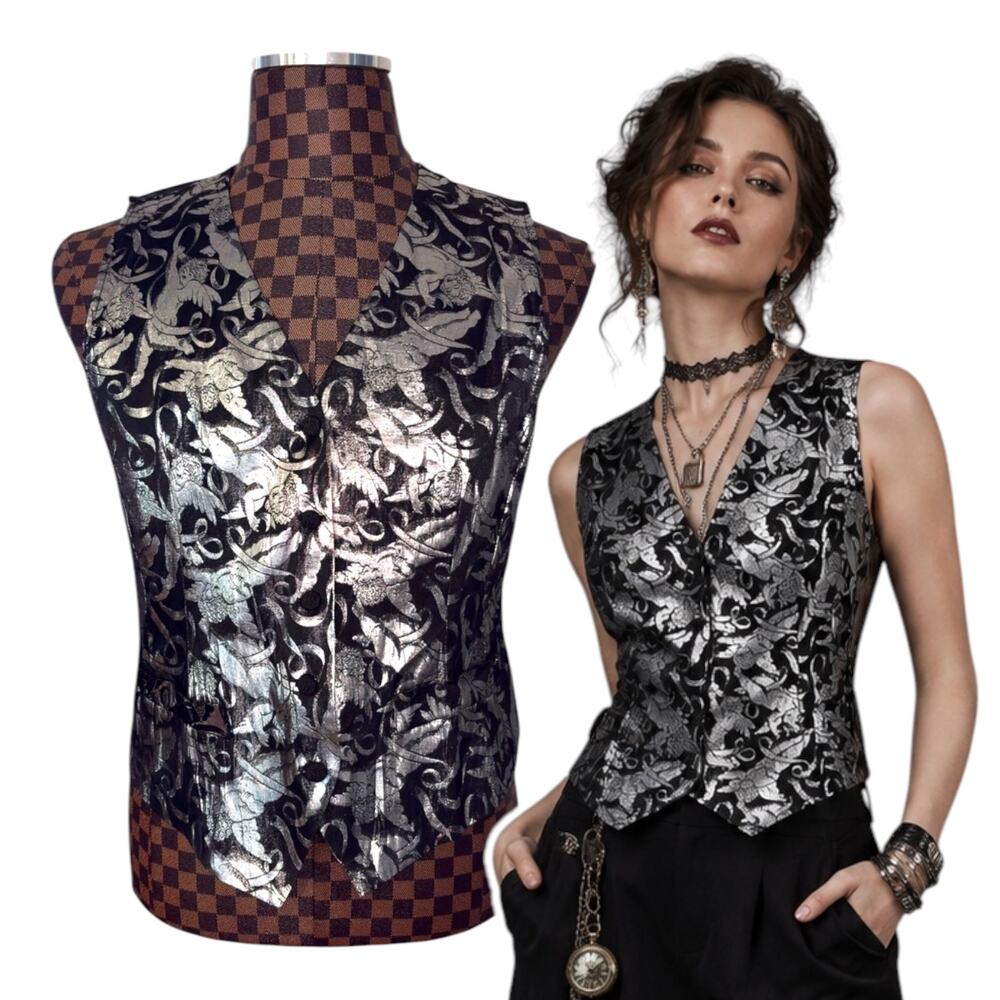 Vtg 90s Counterparts Silver Metallic Cherub Brocade Vest Gothic Steampunk M
